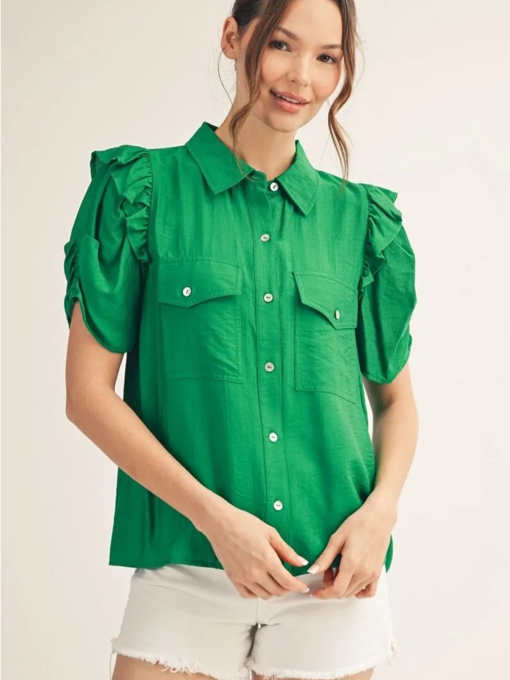 Jodifl Green Shirring Ruffle-Sleeve Button-Front Woven Blouse